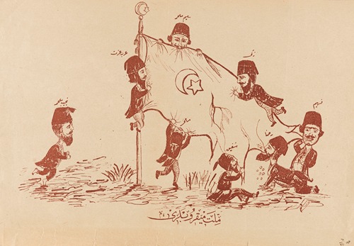 Placard from the Young Turk Revolution period – former dignitaries bite on the Turkish flag