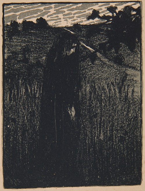 Woman in black against a landscape background