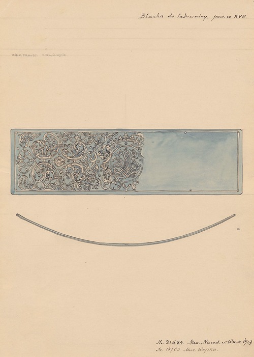 17th Century Metal Plate for a Cartridge Case in the Collection of the National Museum in Warsaw in 1923 – Front View (with a Fragment of the Pattern) and Top View