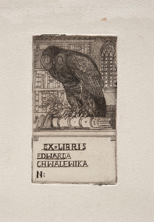 Bookplate of Edward Chwalewik with an owl in a library