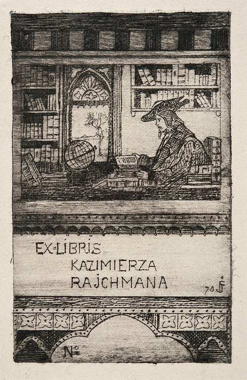 Bookplate of Kazimierz Rechman with a scholar in his study (II)