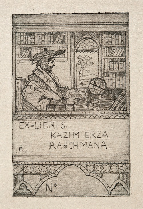 Bookplate of Kazimierz Reychman with a scholar in his study (I)