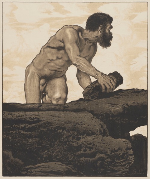 Nude of an Old Man Kneeling on a Rock, with a Boulder in his Hand
