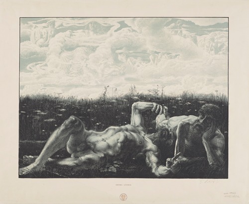 Two Nudes of Old Men Lying in a Meadow. Clouds in the Sky, Forming a Line of Allegorical Figures