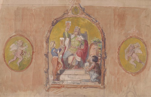 King Gambrinus Raising a Toast with a Beer Mug and a Pair of Pages In Tondi