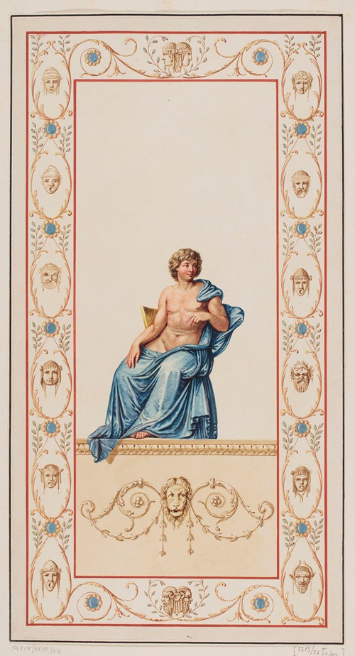 Vestigia delle Terme di Tito. Ephebos in blue robe. Quadro from wall ornamentation in room 15