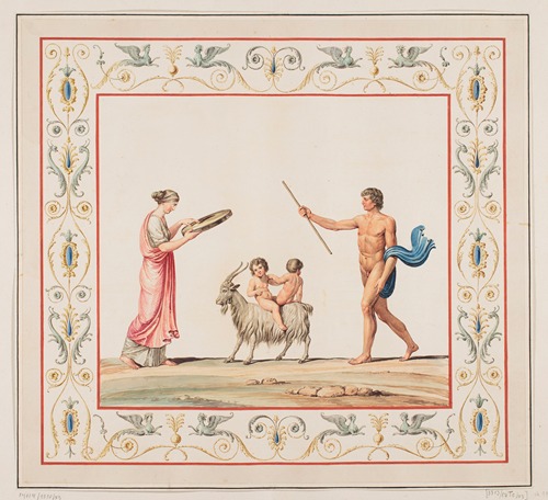 Vestigia delle Terme di Tito. Two children on a goat. Quadro from vault ornamentation in room 11