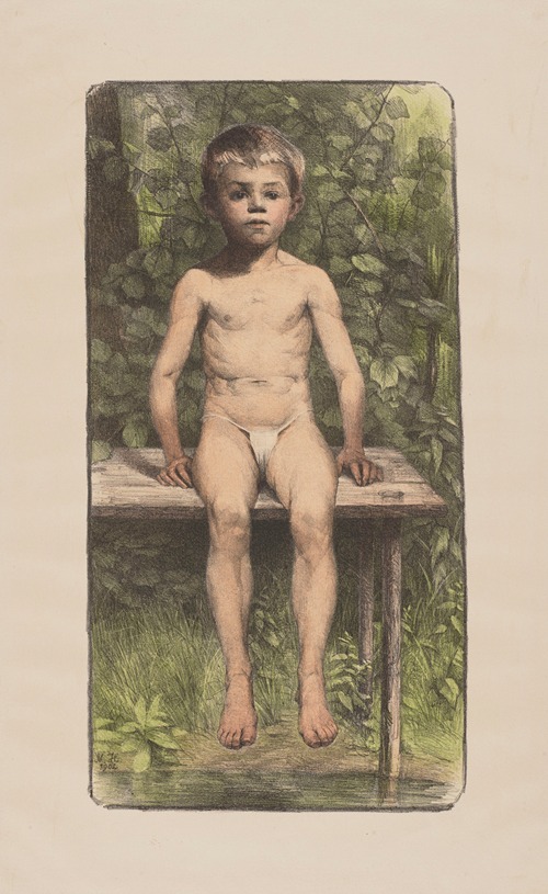 Nude Boy Sitting on a Bench in a Gazebo
