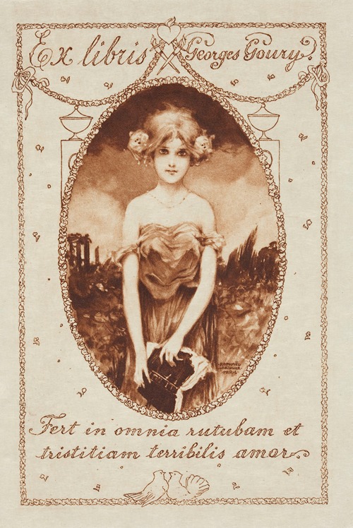 Bookplate of Georges Goury. Fert in omnia rutubam et tristitiam terribilis amor