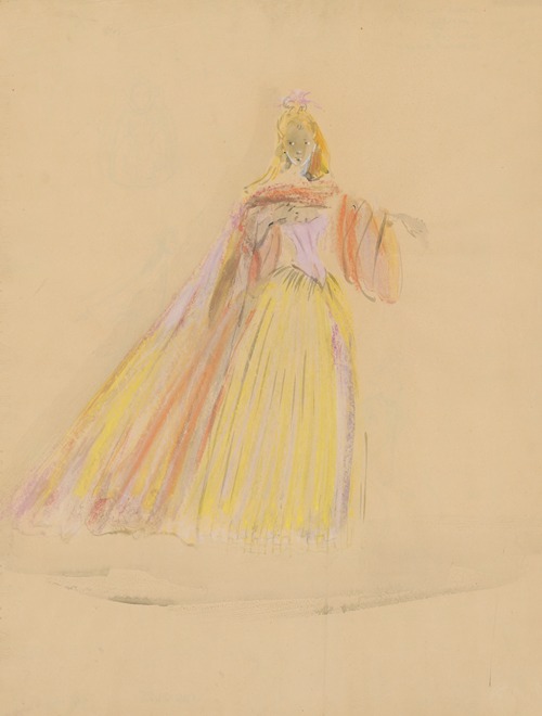 Amphitryon – maquette de costume – robe jaune, cape rouge