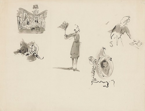 Les Bonnes – maquette de décor – planche – un décor, trois esquisses costumes bonne, portrait de Monsieur