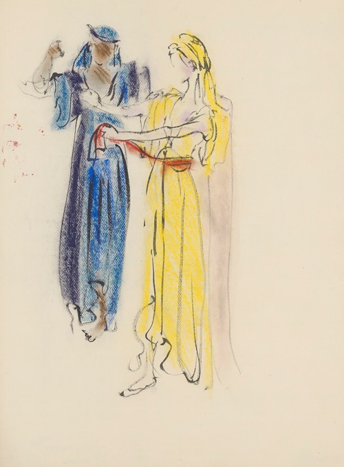 Sodome et Gomorrhe – maquette de costume – deux femmes, tunique jaune, tunique bleue