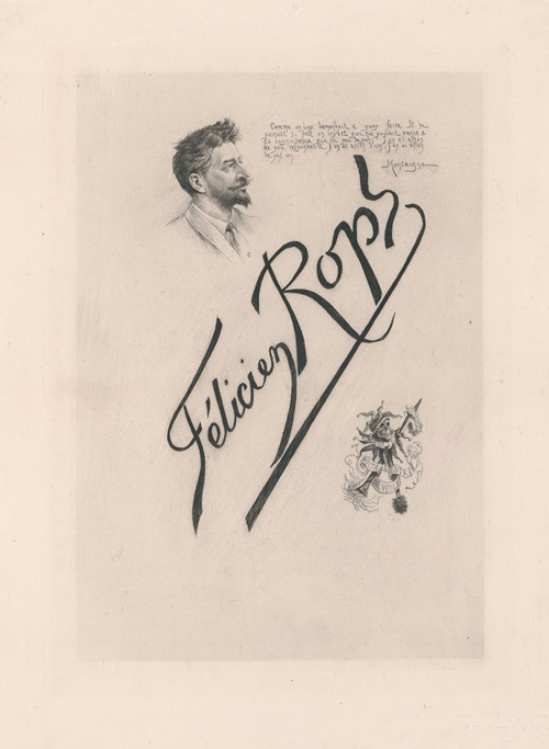 Autoportrait, devise empruntée à Montaigne, signature et sceau de Félicien Rops