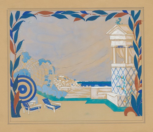 Amphitryon 38 – maquette de décor – acte I, terrasse donnant sur une ville antique au bord de la mer