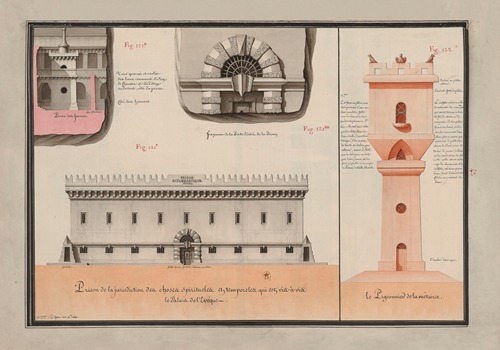 Prison de la juridiction des choses spiritueles et temporeles… ; Préau des femmes ; Fragment de la porte d’entrée de la prison ; Le pigeonnier de la métairie