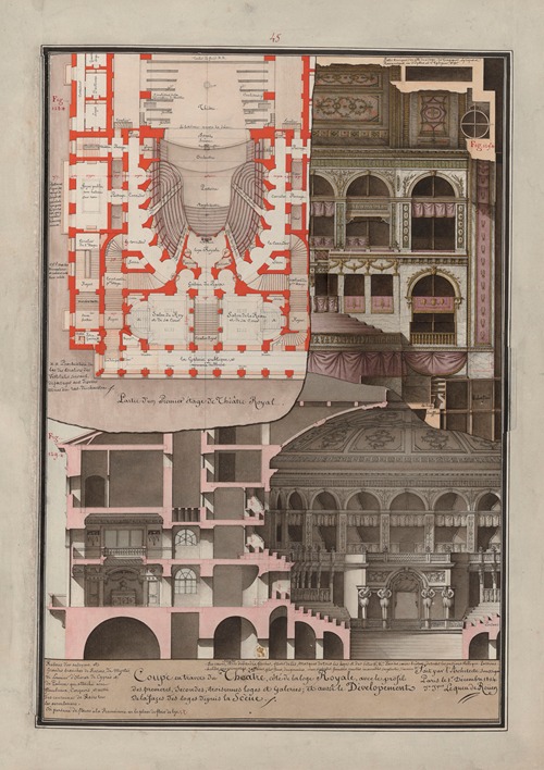 Coupe en travers du théâtre, côté de la loge royale, avec le profil des premières, secondes et troisièmes loges et galeries.