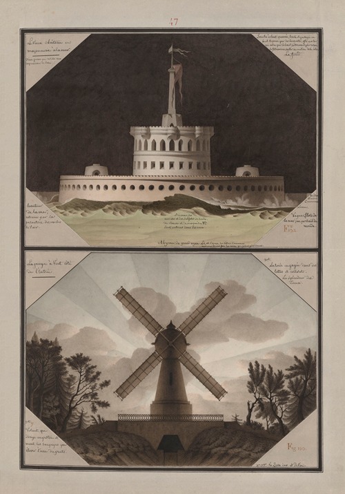 Le vieux château en maçonnerie à la mer ; La pompe à vent côté de l’entrée
