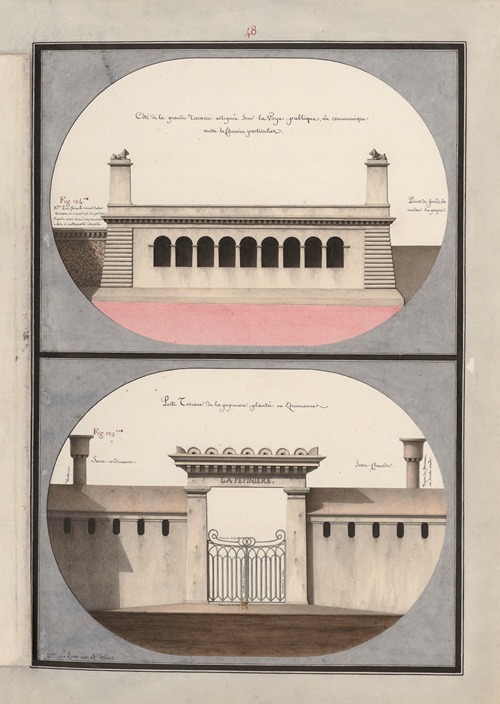 Côté de la grande terrasse allignée sur la voye publique, où communique aussi le chemin particulier ; Porte toscane de la pépinière plantée en quinconce