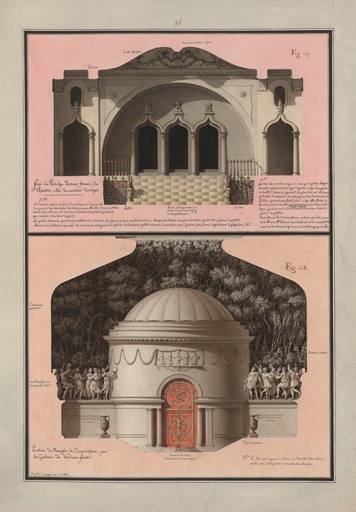 Face du porche persan fermé, du théâtre, côté du corridor des loges ; Entrée du temple de Terpsichore, par la galerie de verdure feinte