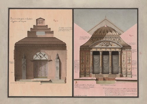 Intérieur de la salle fraîche de l’habitation à l’égyptienne, côté de la porte ; Le côté de la salle de Morphée, qui sert d’entrée au cabinet de Sommeil
