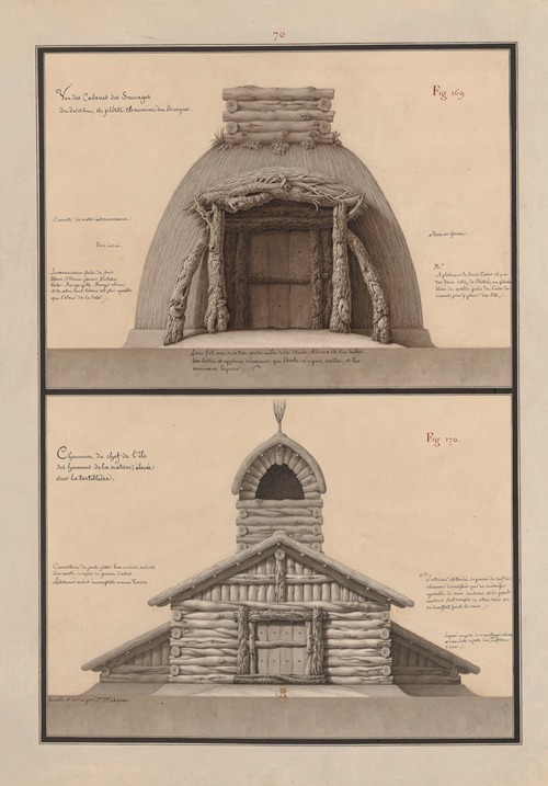 Une des cabanes des sauvages du desert, et plûtôt chaumine ou bicoque ; Chaumiere du chef de l’île des hommes de la nature, élevée sur la tortillière