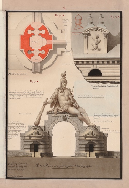 Porte du Parisis qu’on peut appeler l’arc du peuple ; Moitié du plan géométral ; Tuyaux de cheminées de la maison de plaisance