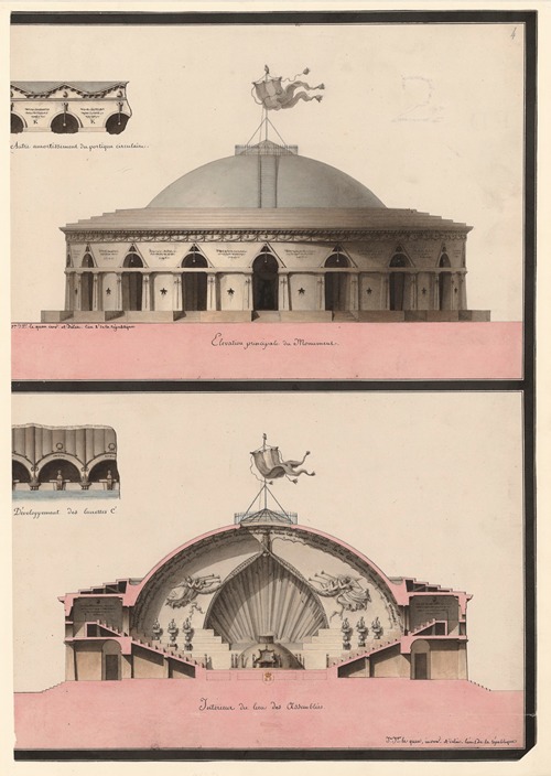 Elévation principale du monument. Intérieur du lieu des Assemblées