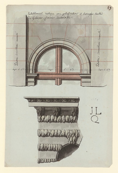 Entablement rustique avec pétrifications et bossages taillés de glaçons ; Croisée cintrées