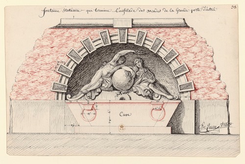Fontaine statüaire qui termine l’enfilade des arcades de la grande porte d’entrée
