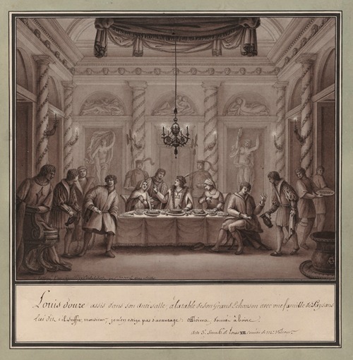 Louis douze assis dans son anti-salle, à la table de son grand échanson avec une famille de paysans… ; Acte 3e scène 6e de Louis XII comédie de Mr Valcour