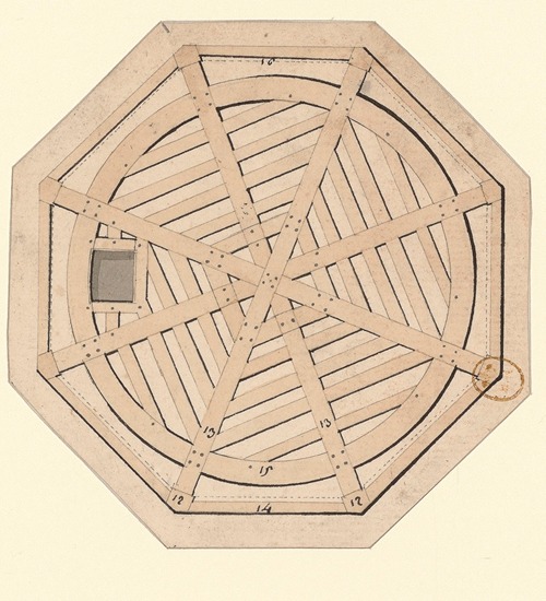 Plan d’une charpente d’un clocher. Eglise de Mézières-en-Vexin – dessin
