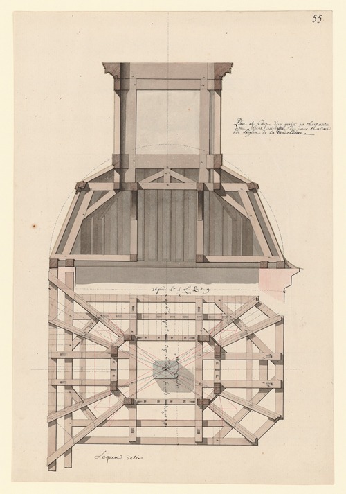 Plan et coupe d’un projet en charpante pour élever au-dessus des deux escaliers de léglise de la Madeleine