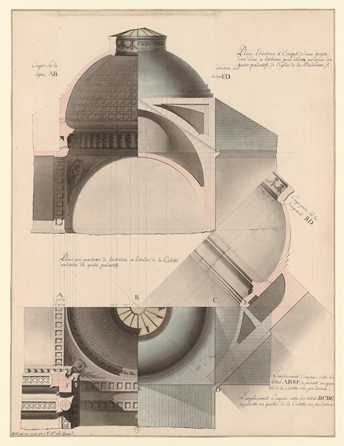 Plans, élévations, et coupes, de deux projets d’un dôme à litalienne, pour élever au-dessus des quatre pendentifs, de l’église de la Madeleine