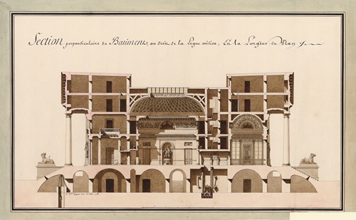 Section perpendiculaire du batiment, au droit de la ligne milieu..