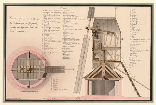 Section perpendiculaire du moulin des Verdiers (avec des changemens), exécuté près Guiseniers, dans la Vexin Normand ; Plan au niveau du plancher