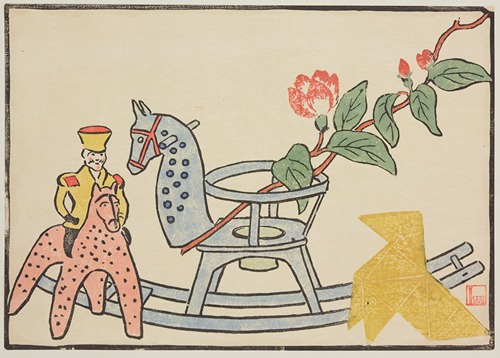 Composition, jouets et branche fleurie