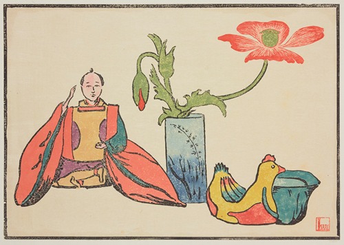Composition, jouets et pavots dans un vase