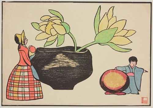 Composition, poupées et pivoines
