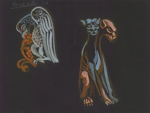 Le Triomphe de Paris – maquette de décor – Illuminations de statues parisiennes – deux statues diverses de la cathédrale Notre-dame de Paris