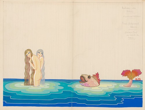 Les bains – maquette de décor – rideaux, deux baigneuses à gauche, gros poisson à droite