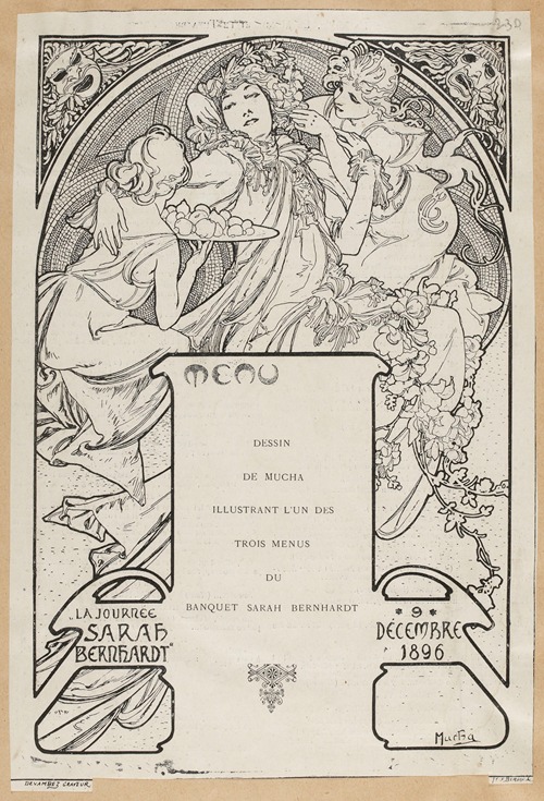 Dessin de Mucha Illustrant l’un des trois menu du banquet Sarah Bernhardt