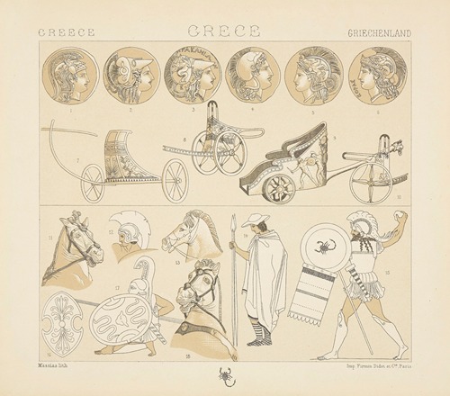 Costumes militaires, armes diverses, chariots de guerre et autres, harnais de cheval