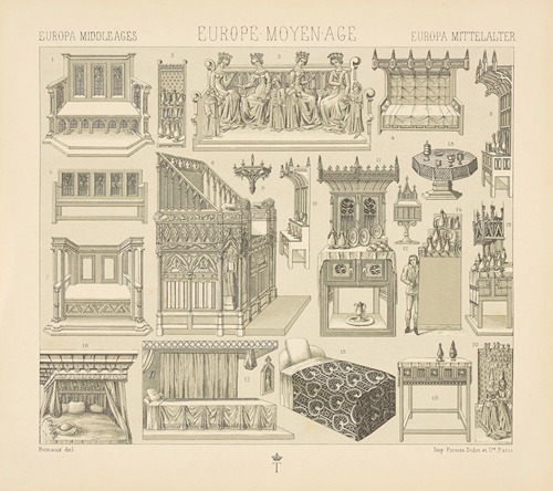 Meubles divers des XIVe et XVe siecles – lits, chaires, bancs, credences, tables etc.