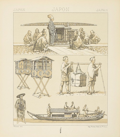 Modes et moyens de transport;  e norimon et ses porteurs, les cantines de voyage, barque fluviale, coolies, paysan