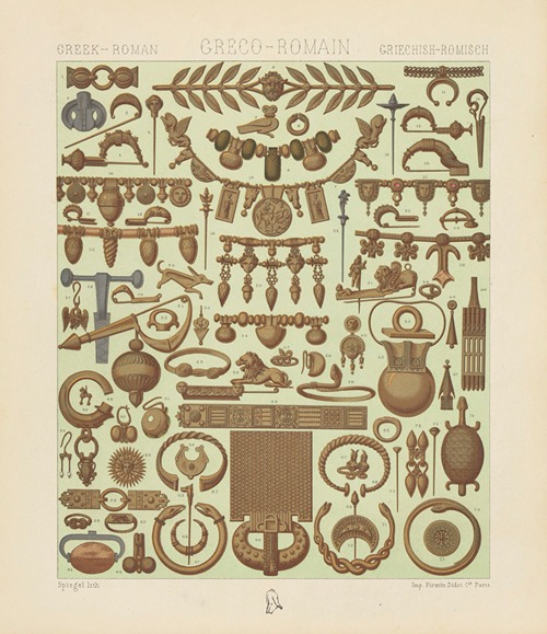 Orfèvrerie-joaillerie;  parures, couronnes, colliers, pendants d’oreilles, bagues, bracelets, fibules etc