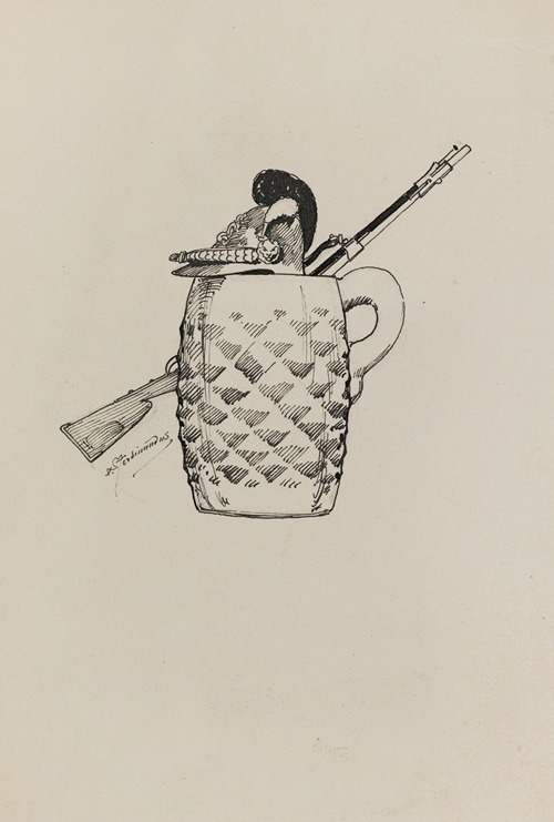 Chope de bière, casque et fusil