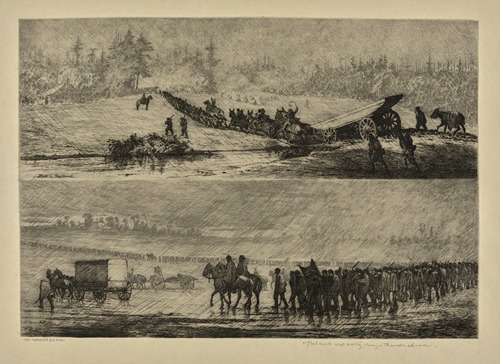 A-flank march across country during a thunderstorm.