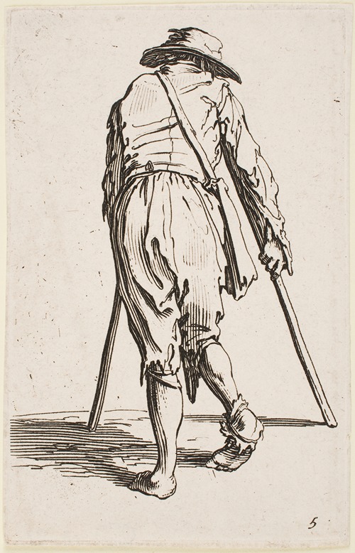 The Beggar on Crutches Wearing a Hat and Seen from behind