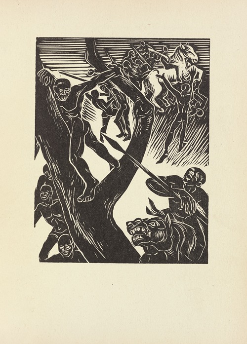 Young Absalom be in a tree and soldiers come behind with spears