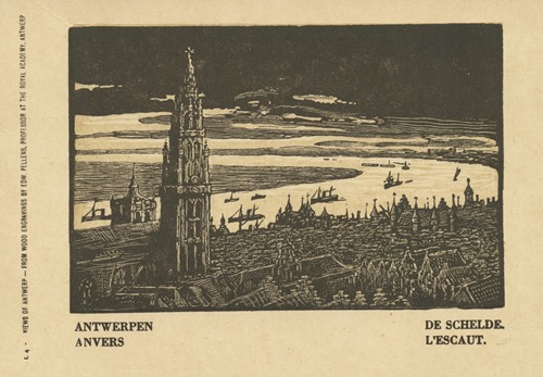 Ansichtkaart met een nachtelijk zicht op Antwerpen en de Schelde